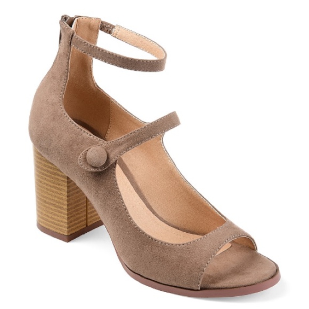 Journee Collection Taupe Suede Block Heel Ankle Strap Sandals